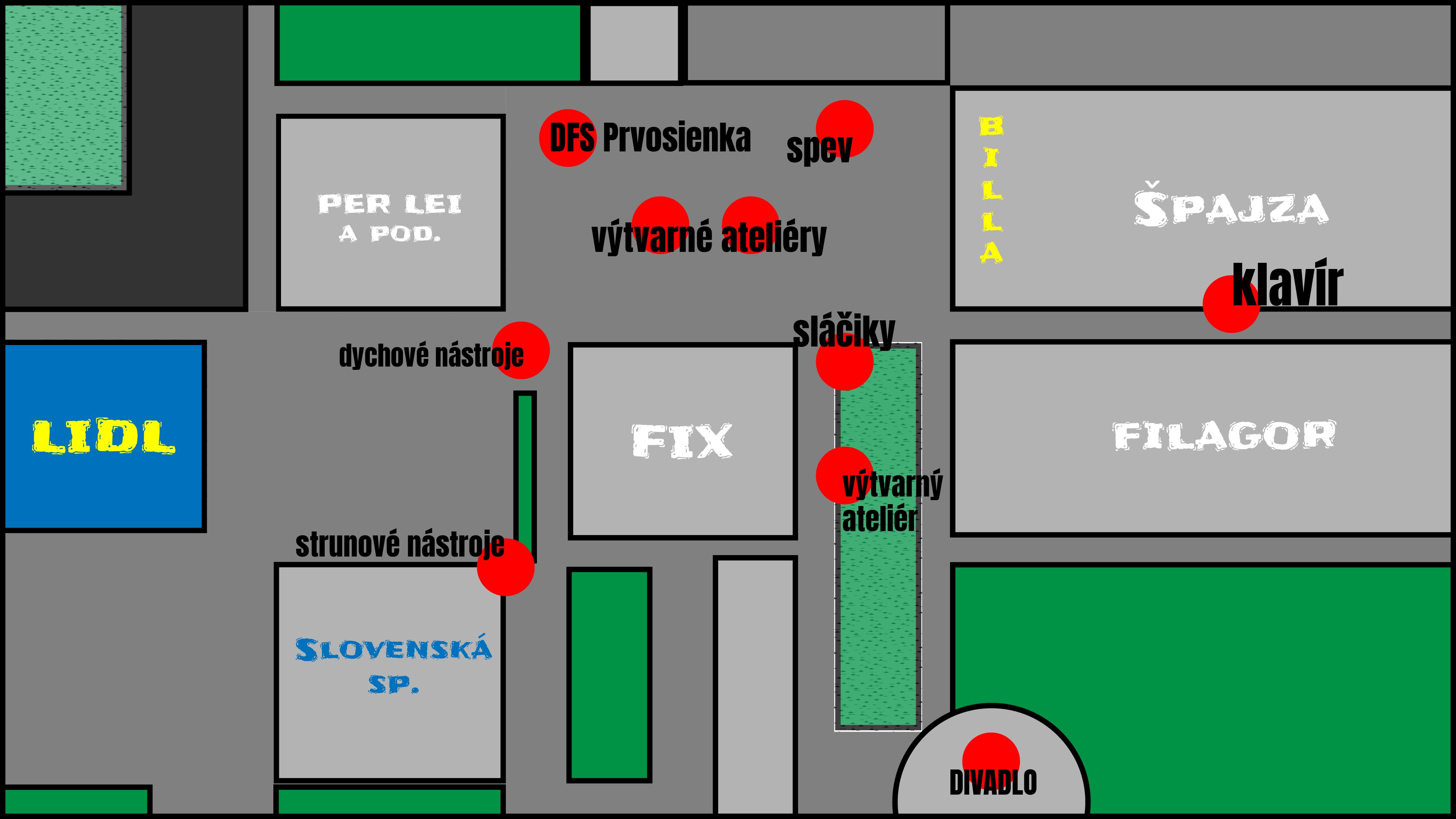 ZUŠ v meste 2022, mapa účinkujúcich